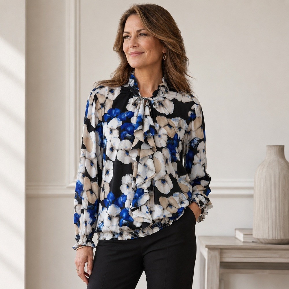 White House Black Market Blouse Womens L Blue Floral Office Long Sleeve